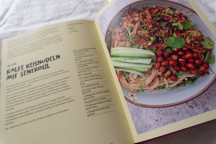 Eine Seite aus einem chinesischen Kochbuch. Rezept für kalte Reisnudeln mit Senfkohl.